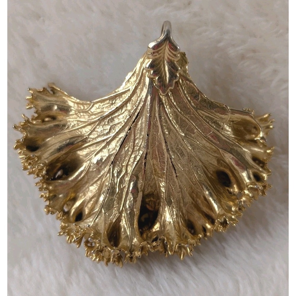 Vintage Gold Tone Kale‎ Leaf Pendant Large Botanical Statement Jewelry